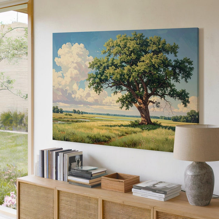 Solitary Tree in Meadow Canvas – Peaceful Rural Landscape with Blue Sky & Soft Light - Gifitto