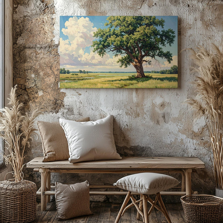Solitary Tree in Meadow Canvas – Peaceful Rural Landscape with Blue Sky & Soft Light - Gifitto