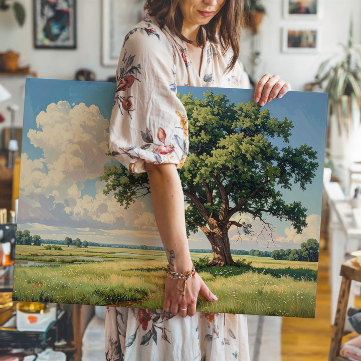 Solitary Tree in Meadow Canvas – Peaceful Rural Landscape with Blue Sky & Soft Light - Gifitto