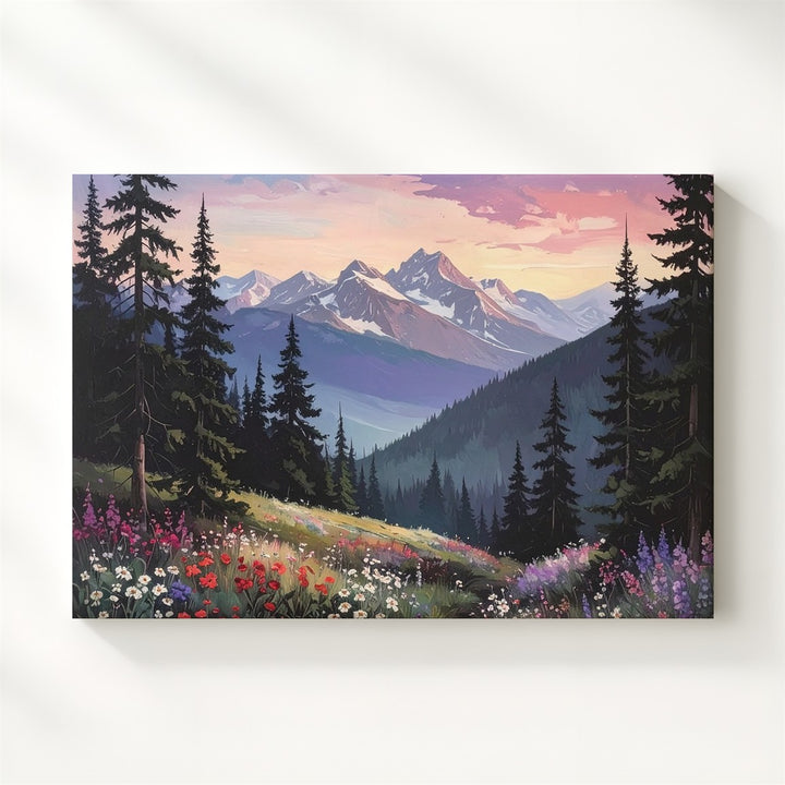 Twilight Forest & Mountain Canvas – Vertical Wilderness Art of Dusk & Wildflowers - Gifitto
