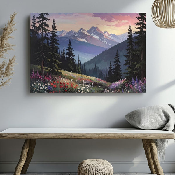 Twilight Forest & Mountain Canvas – Vertical Wilderness Art of Dusk & Wildflowers - Gifitto