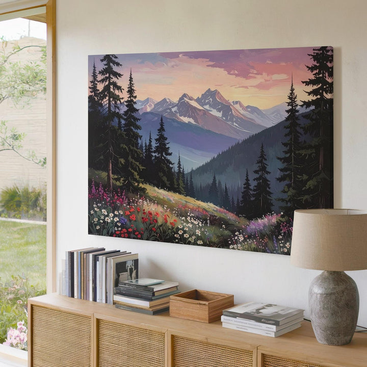 Twilight Forest & Mountain Canvas – Vertical Wilderness Art of Dusk & Wildflowers - Gifitto