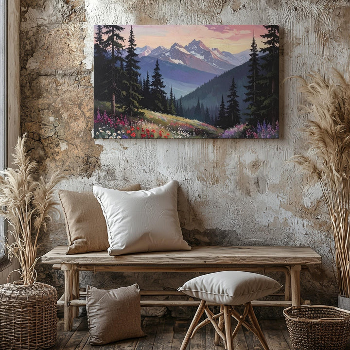 Twilight Forest & Mountain Canvas – Vertical Wilderness Art of Dusk & Wildflowers - Gifitto