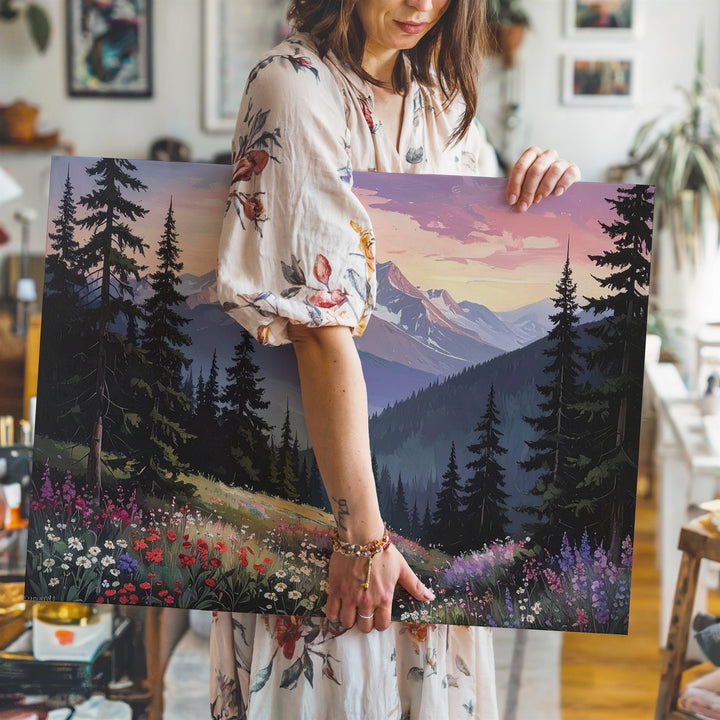 Twilight Forest & Mountain Canvas – Vertical Wilderness Art of Dusk & Wildflowers - Gifitto