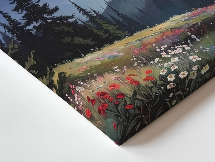 Twilight Forest & Mountain Canvas – Vertical Wilderness Art of Dusk & Wildflowers - Gifitto
