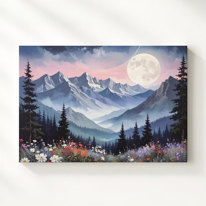 Moonlit Alpine Night Canvas – Ethereal Mountain Landscape with Wildflowers & Forest Glow - Gifitto