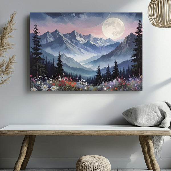 Moonlit Alpine Night Canvas – Ethereal Mountain Landscape with Wildflowers & Forest Glow - Gifitto