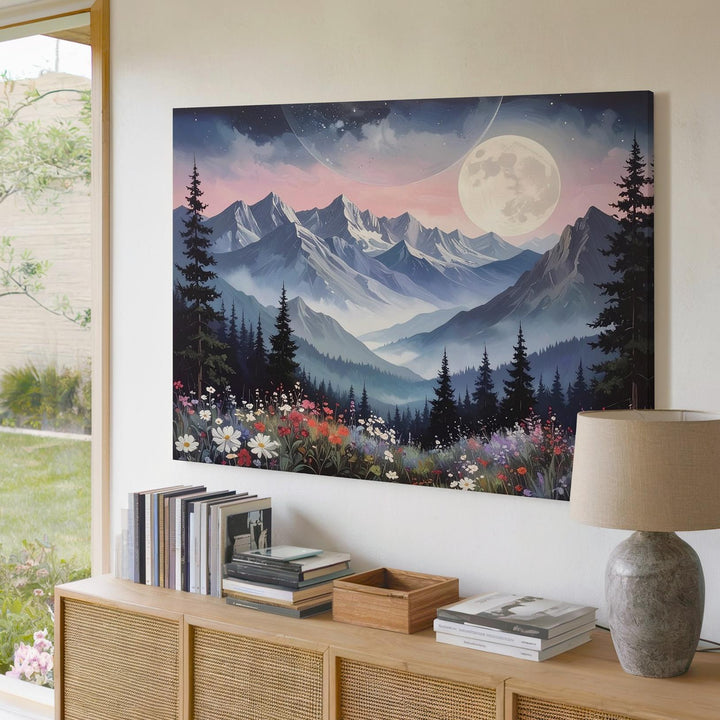Moonlit Alpine Night Canvas – Ethereal Mountain Landscape with Wildflowers & Forest Glow - Gifitto