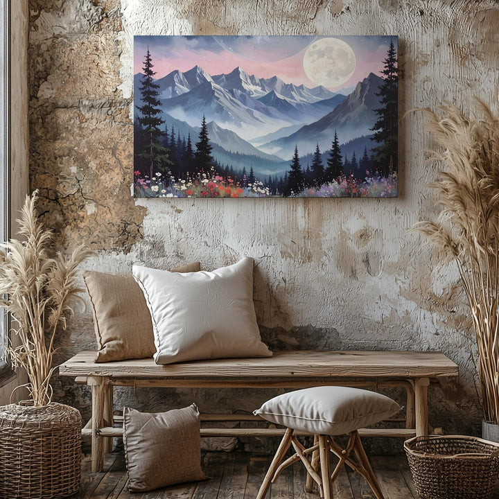 Moonlit Alpine Night Canvas – Ethereal Mountain Landscape with Wildflowers & Forest Glow - Gifitto