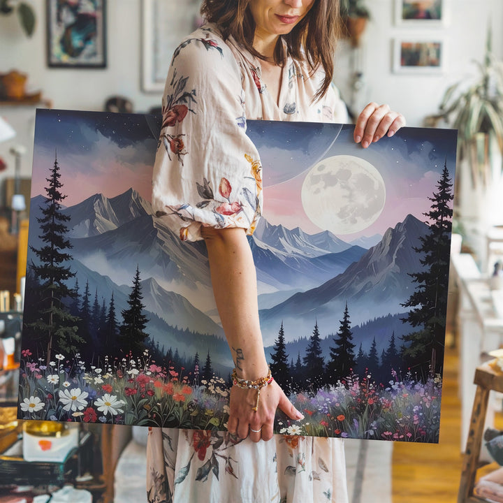 Moonlit Alpine Night Canvas – Ethereal Mountain Landscape with Wildflowers & Forest Glow - Gifitto