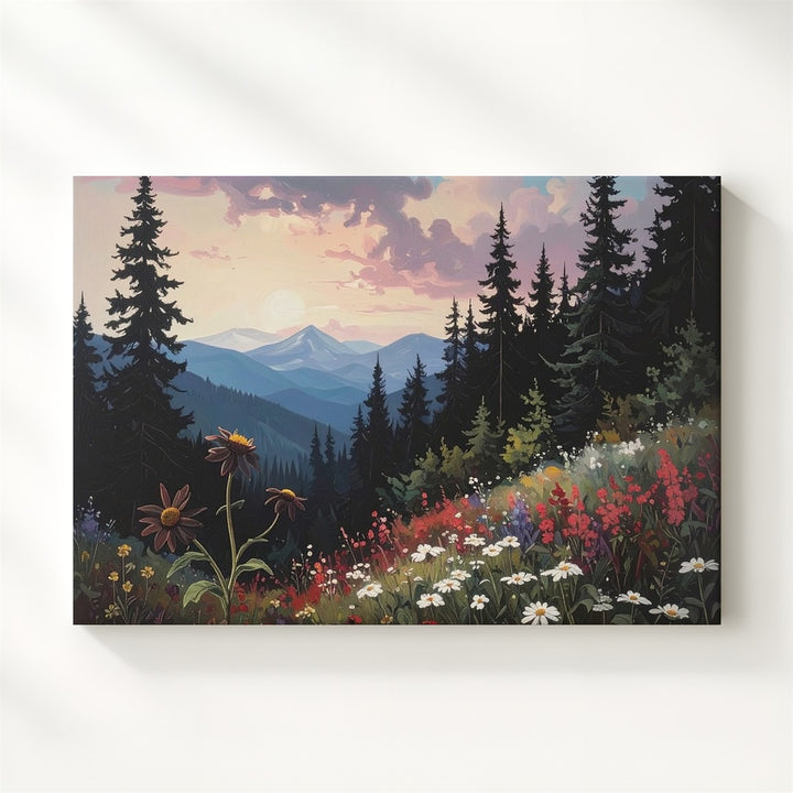 Wildflower Forest Edge Canvas – Painterly Dusk Landscape with Silhouetted Pines - Gifitto