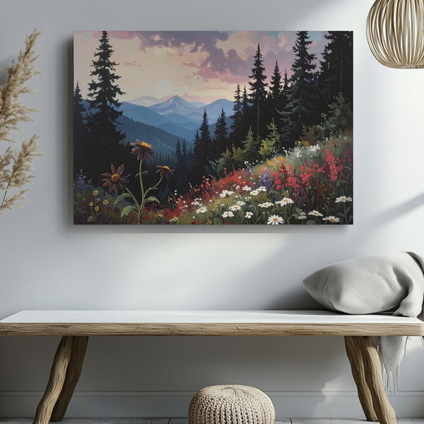 Wildflower Forest Edge Canvas – Painterly Dusk Landscape with Silhouetted Pines - Gifitto