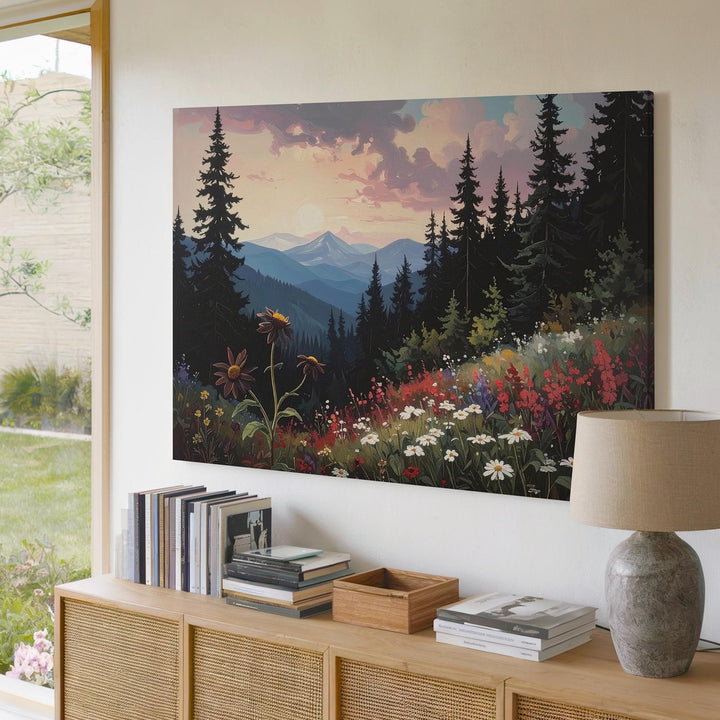 Wildflower Forest Edge Canvas – Painterly Dusk Landscape with Silhouetted Pines - Gifitto