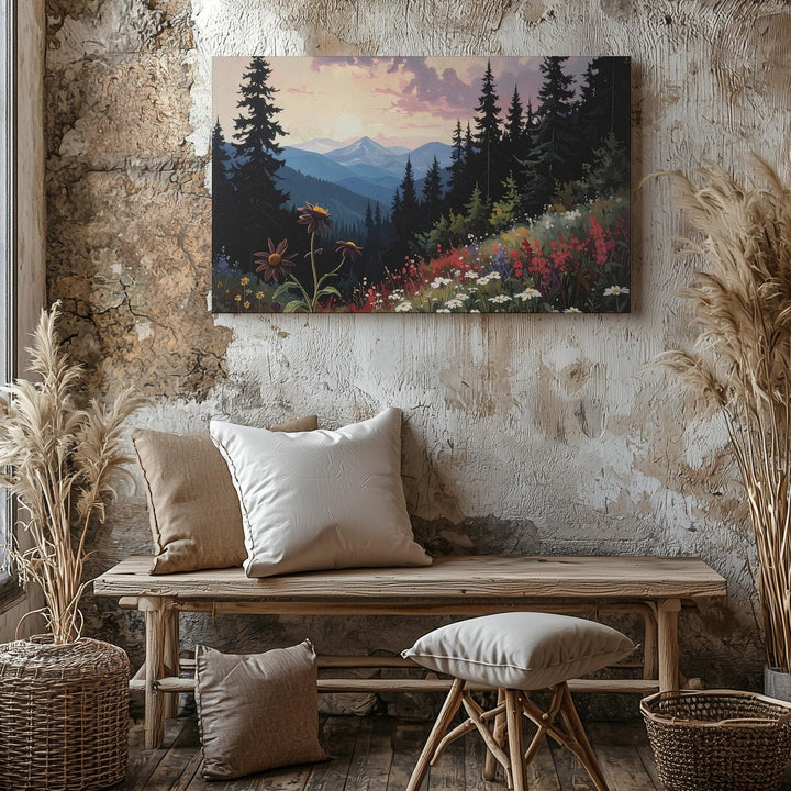Wildflower Forest Edge Canvas – Painterly Dusk Landscape with Silhouetted Pines - Gifitto