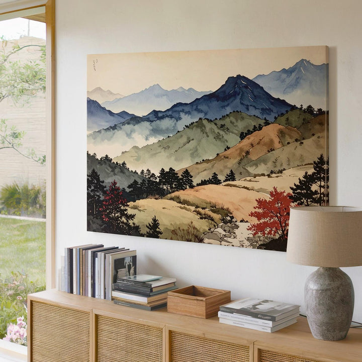 Layered Watercolor Mountain Canvas – Minimalist Landscape with Aged Paper Texture - Gifitto