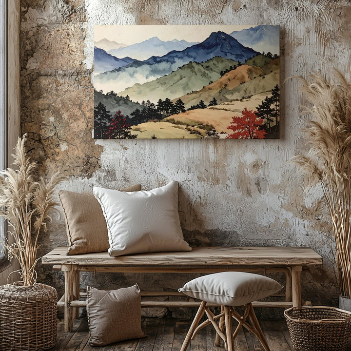 Layered Watercolor Mountain Canvas – Minimalist Landscape with Aged Paper Texture - Gifitto