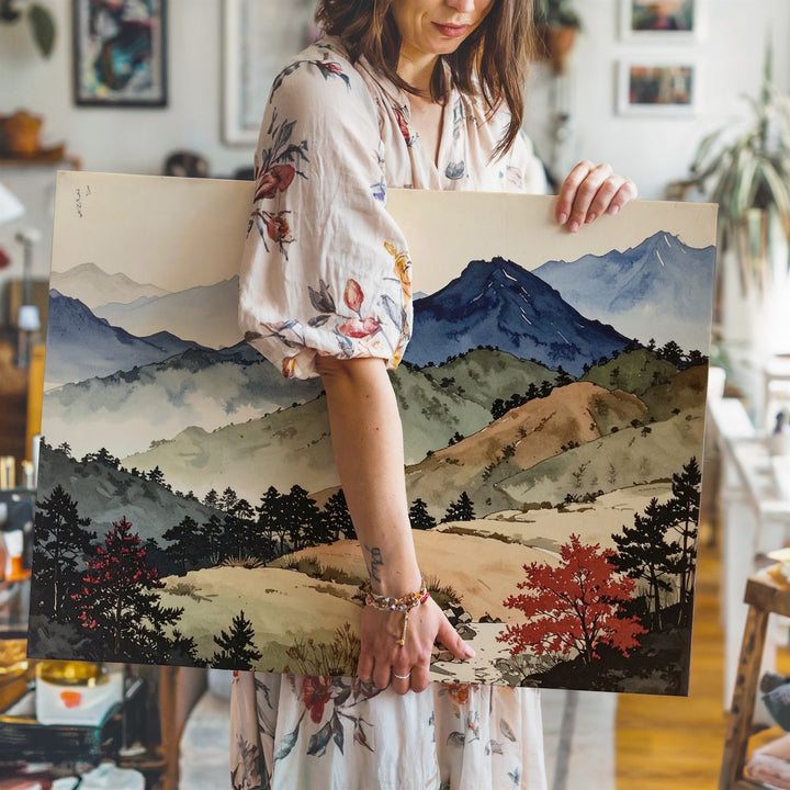 Layered Watercolor Mountain Canvas – Minimalist Landscape with Aged Paper Texture - Gifitto