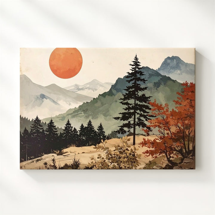 Minimalist Burnt Sun Landscape Canvas – Retro-Inspired Nature Art with Trees & Mountains - Gifitto