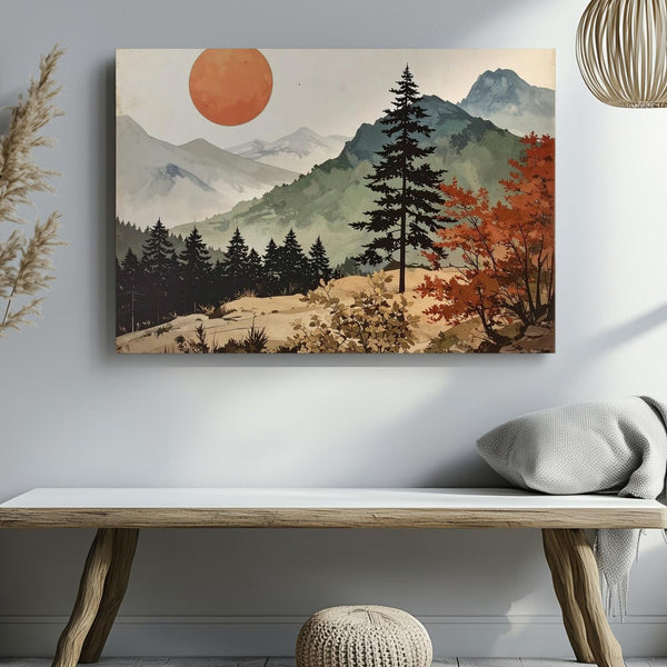 Minimalist Burnt Sun Landscape Canvas – Retro-Inspired Nature Art with Trees & Mountains - Gifitto