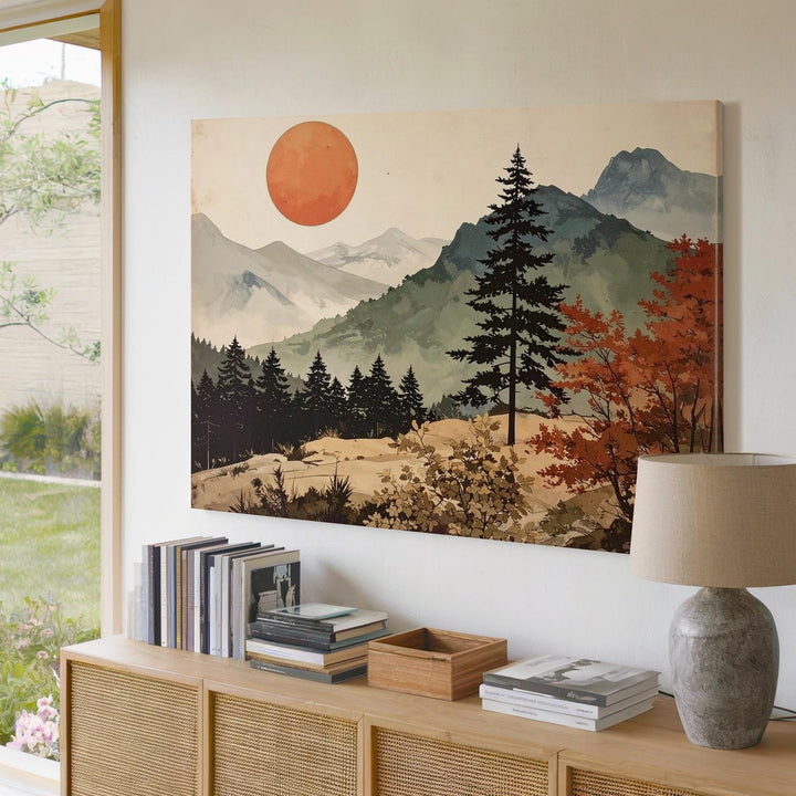 Minimalist Burnt Sun Landscape Canvas – Retro-Inspired Nature Art with Trees & Mountains - Gifitto