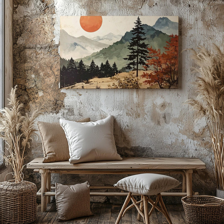 Minimalist Burnt Sun Landscape Canvas – Retro-Inspired Nature Art with Trees & Mountains - Gifitto