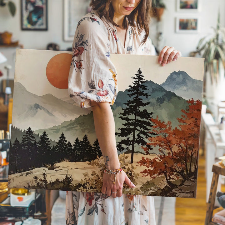 Minimalist Burnt Sun Landscape Canvas – Retro-Inspired Nature Art with Trees & Mountains - Gifitto