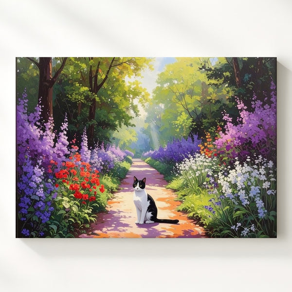 Serene Garden Path Cat Canvas – Black-and-White Cat in Blooming Spring Scene - Gifitto