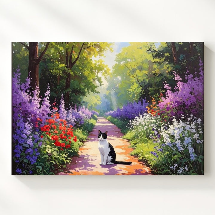 Serene Garden Path Cat Canvas – Black-and-White Cat in Blooming Spring Scene - Gifitto