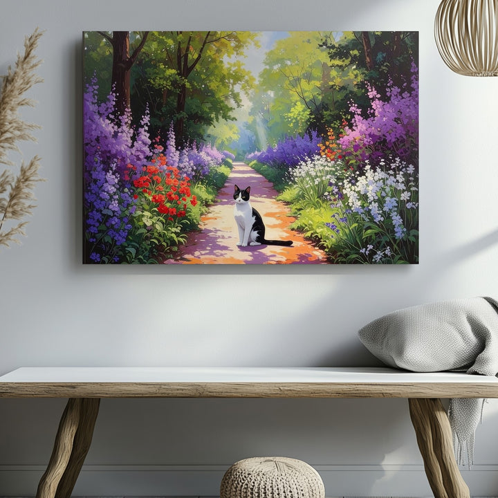 Serene Garden Path Cat Canvas – Black-and-White Cat in Blooming Spring Scene - Gifitto