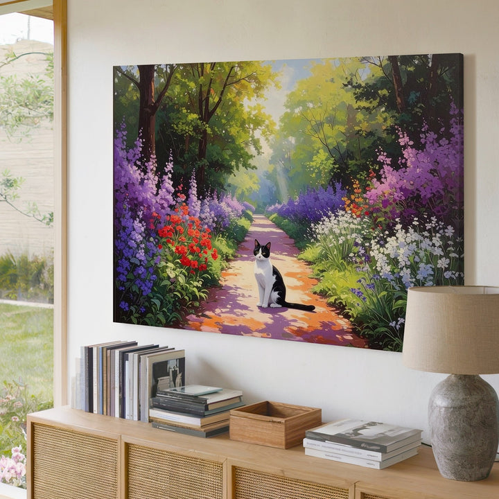 Serene Garden Path Cat Canvas – Black-and-White Cat in Blooming Spring Scene - Gifitto