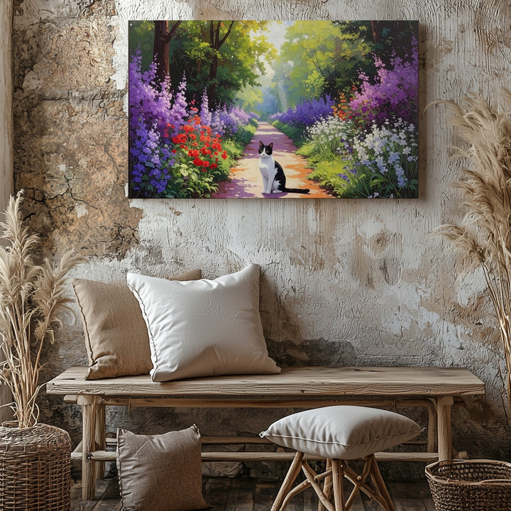 Serene Garden Path Cat Canvas – Black-and-White Cat in Blooming Spring Scene - Gifitto