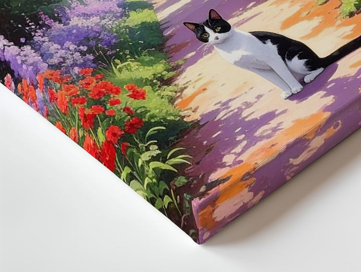 Serene Garden Path Cat Canvas – Black-and-White Cat in Blooming Spring Scene - Gifitto
