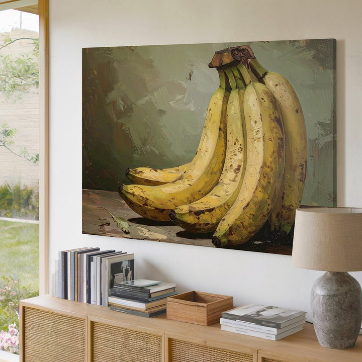 Classical Banana Still Life Canvas – Oil Painting with Moody Green Backdrop - Gifitto