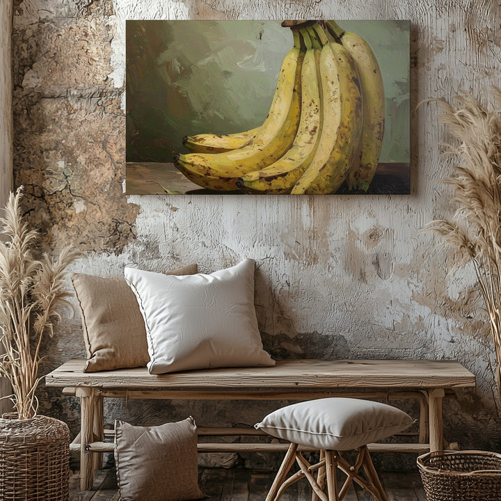 Classical Banana Still Life Canvas – Oil Painting with Moody Green Backdrop - Gifitto