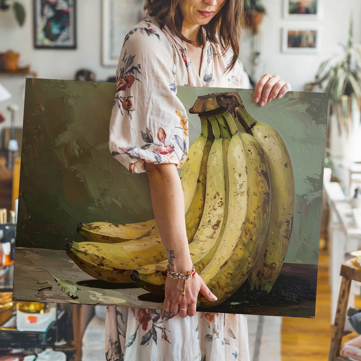 Classical Banana Still Life Canvas – Oil Painting with Moody Green Backdrop - Gifitto