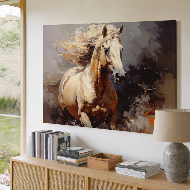 Emberlight Stallion Canvas – Cream Horse in Smoky Cinematic Motion - Gifitto