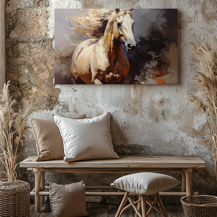 Emberlight Stallion Canvas – Cream Horse in Smoky Cinematic Motion - Gifitto