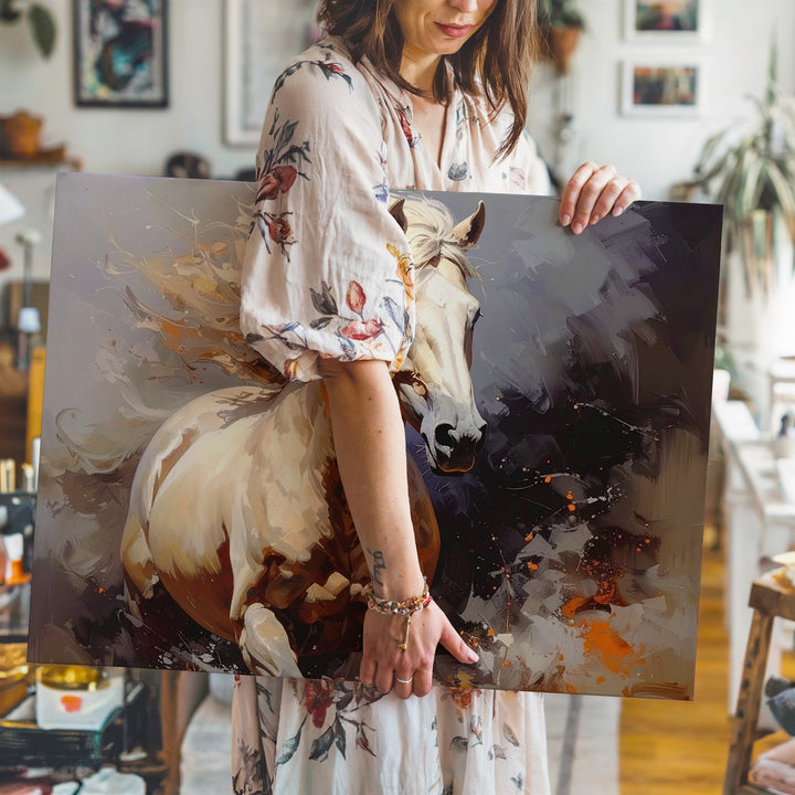 Emberlight Stallion Canvas – Cream Horse in Smoky Cinematic Motion - Gifitto