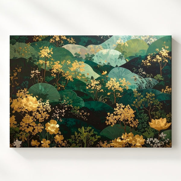 Emerald Garden Tapestry Canvas – Ornamental Botanical Wall Art with Gold Accents - Gifitto