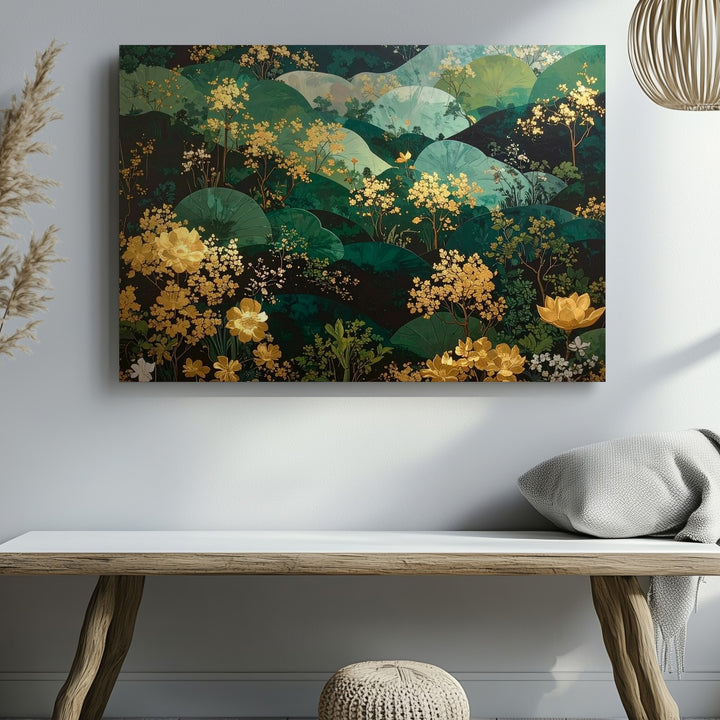 Emerald Garden Tapestry Canvas – Ornamental Botanical Wall Art with Gold Accents - Gifitto