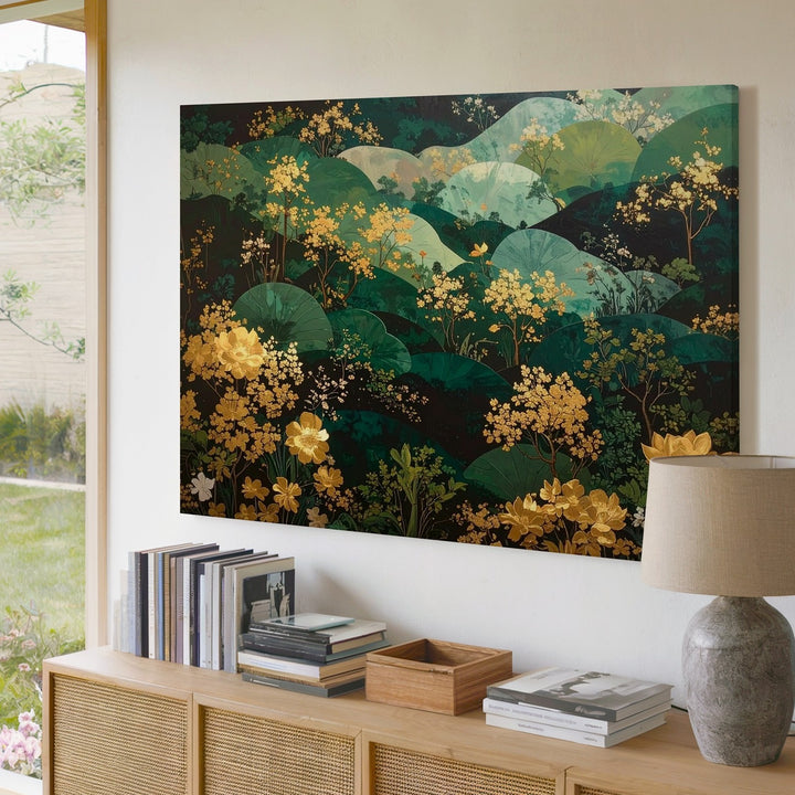 Emerald Garden Tapestry Canvas – Ornamental Botanical Wall Art with Gold Accents - Gifitto