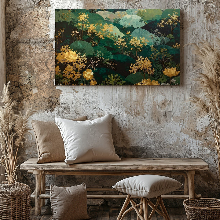 Emerald Garden Tapestry Canvas – Ornamental Botanical Wall Art with Gold Accents - Gifitto