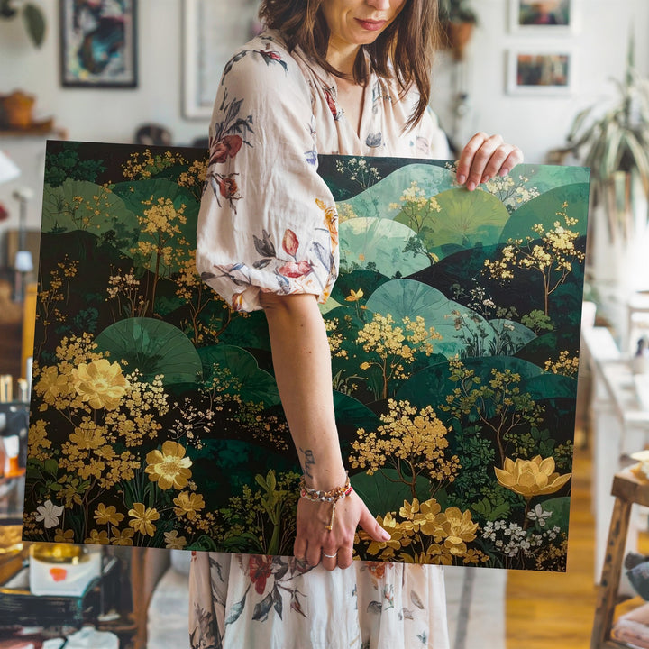 Emerald Garden Tapestry Canvas – Ornamental Botanical Wall Art with Gold Accents - Gifitto
