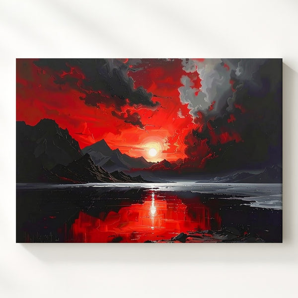 Crimson Dusk Mountain Canvas – Dramatic Red & Black Sunset Landscape Art