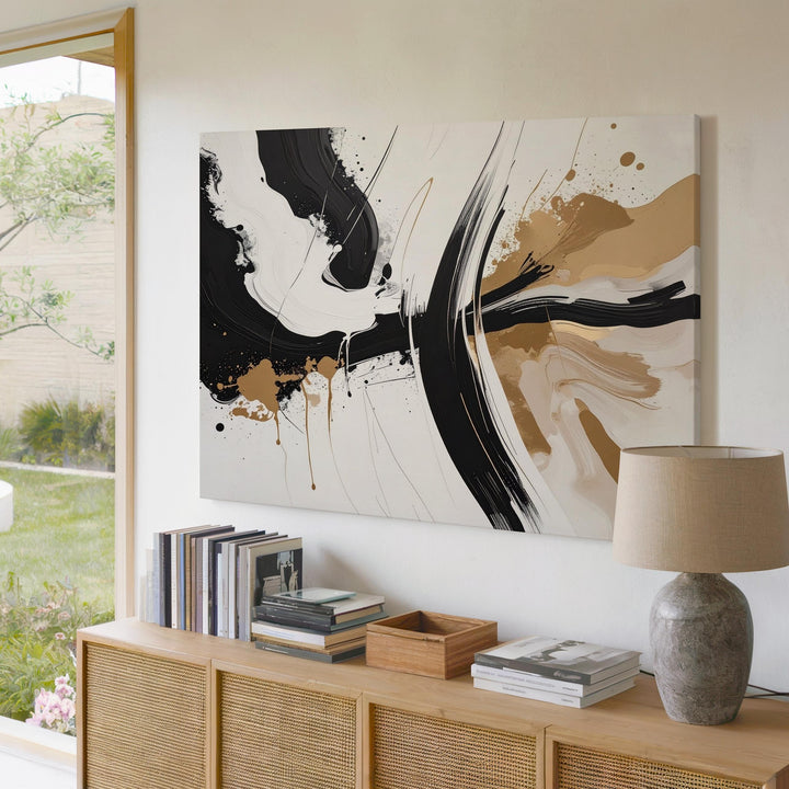 Dynamic Sweep Abstract Canvas – Bold Black & Tan Brushstroke Art - Gifitto