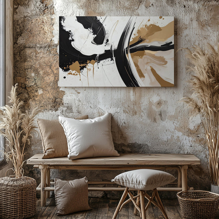 Dynamic Sweep Abstract Canvas – Bold Black & Tan Brushstroke Art - Gifitto
