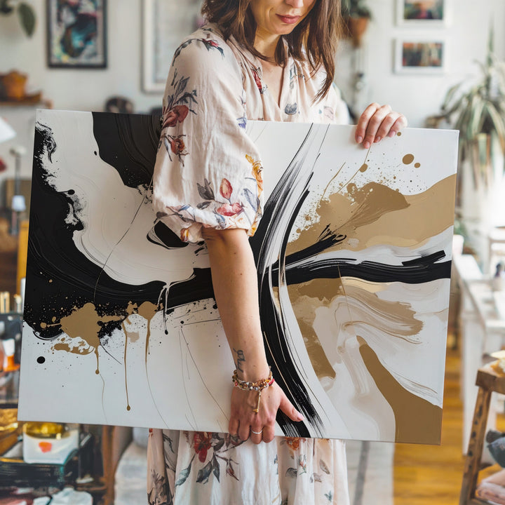Dynamic Sweep Abstract Canvas – Bold Black & Tan Brushstroke Art - Gifitto
