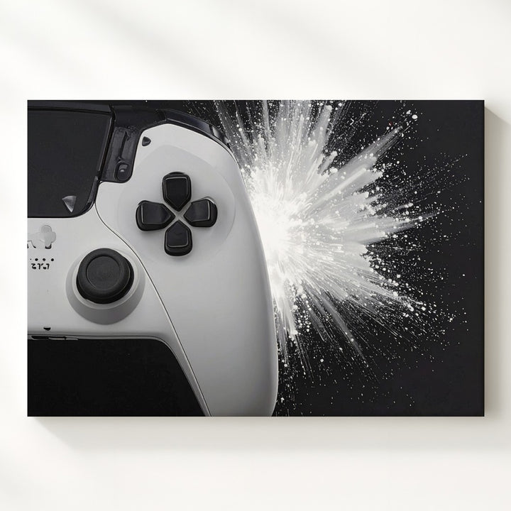 White Controller Energy Burst Canvas – Futuristic Gamer Wall Art - Gifitto