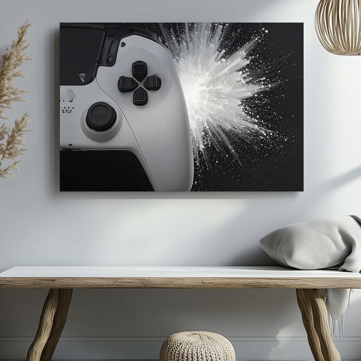 White Controller Energy Burst Canvas – Futuristic Gamer Wall Art - Gifitto