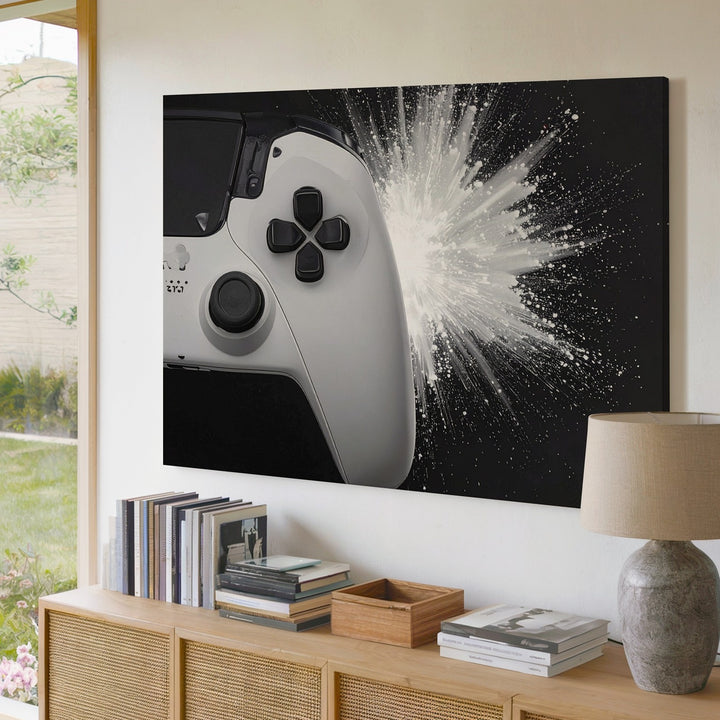 White Controller Energy Burst Canvas – Futuristic Gamer Wall Art - Gifitto